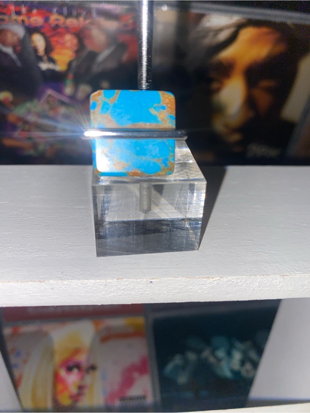 Turquoise Blue Square Stone Ring - Bright Blue with Golden Brown Veining